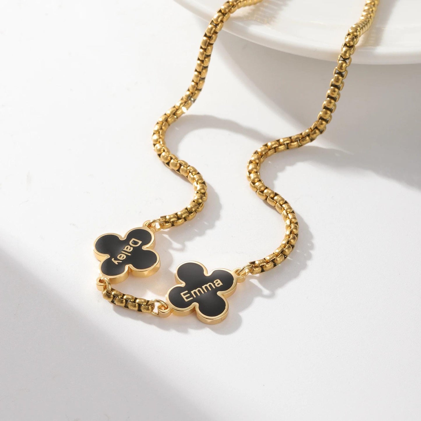 Personalized Clover Necklace: Engraved Black Clover Pendants, Waterproof Stainless Steel