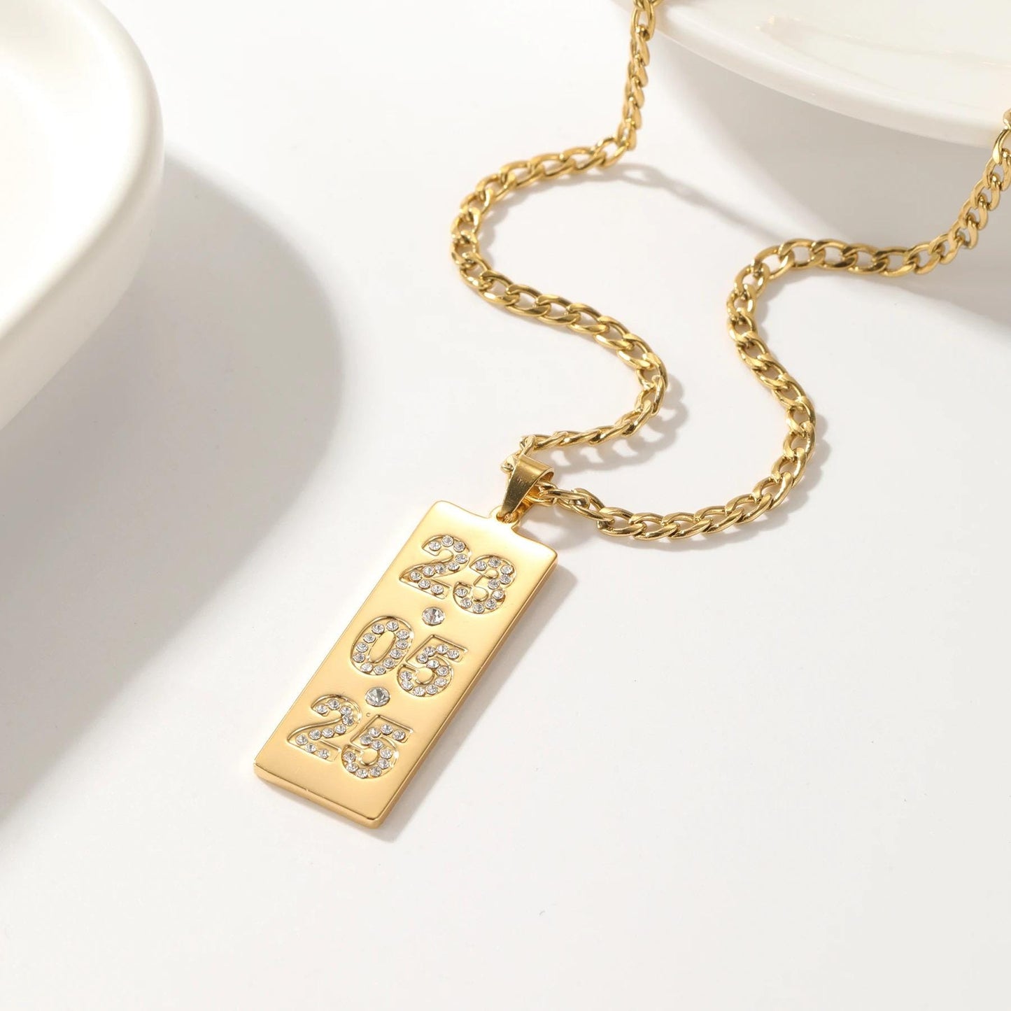 Custom Date Necklace: Stainless Steel Vertical Bar with Cubic Zirconia