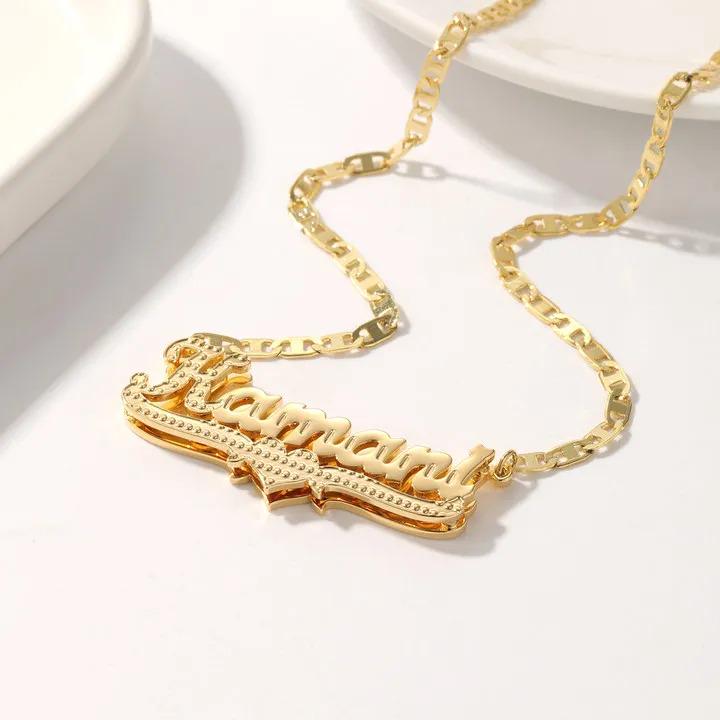 Custom Name Necklace & Bamboo Hoop Earrings Set: Personalized Waterproof Jewelry