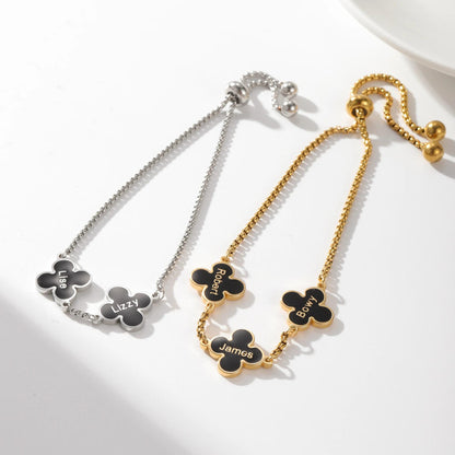 Custom Clover Bracelet: Engraved Black Clover Charm, 18K Gold Plated Stainless Steel