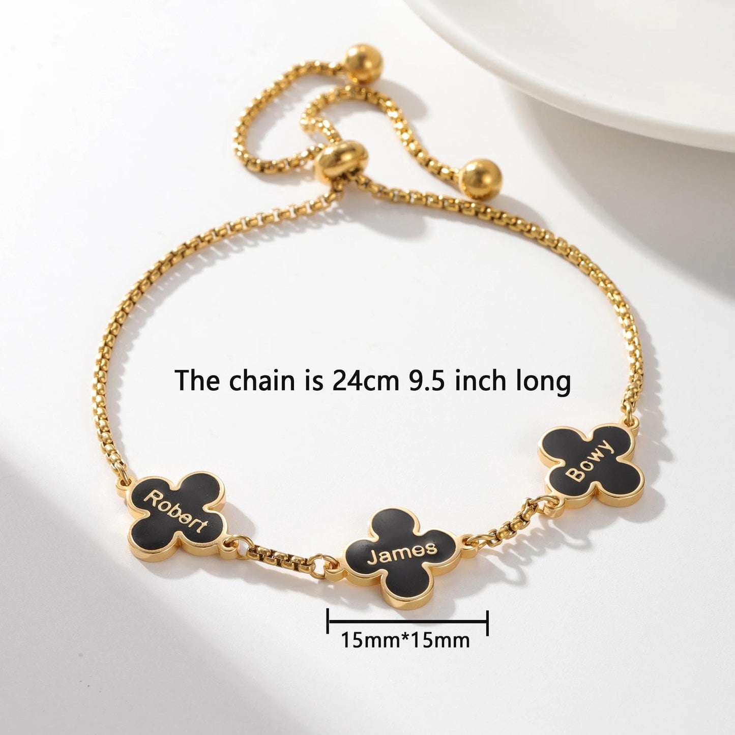 Custom Clover Bracelet: Engraved Black Clover Charm, 18K Gold Plated Stainless Steel