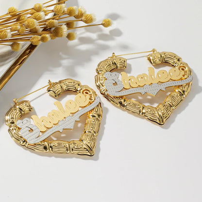 Personalized Heart Bamboo Hoop Earrings: 18K Gold Plated Stainless Steel