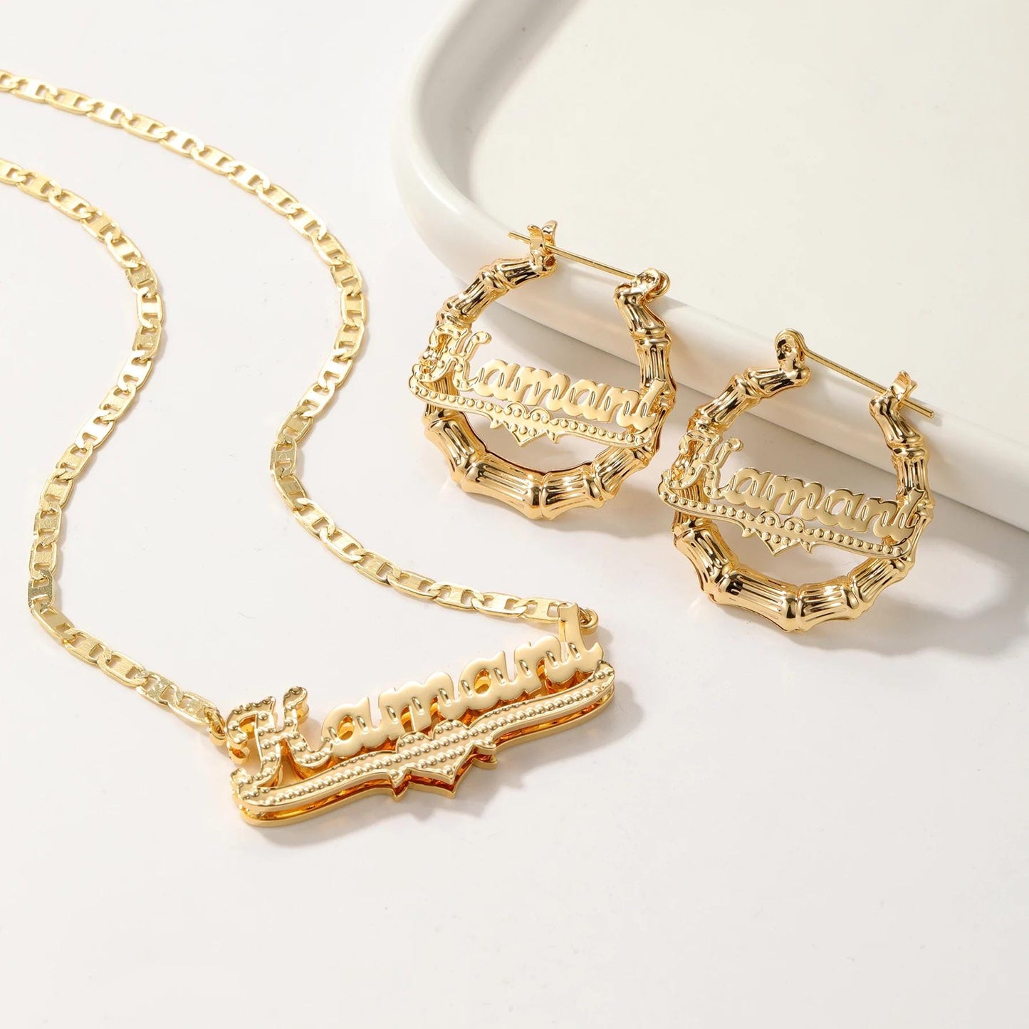 Custom Name Necklace & Bamboo Hoop Earrings Set: Personalized Waterproof Jewelry
