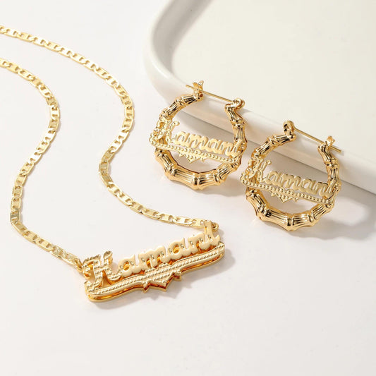 Custom Name Necklace & Bamboo Hoop Earrings Set: Personalized Waterproof Jewelry