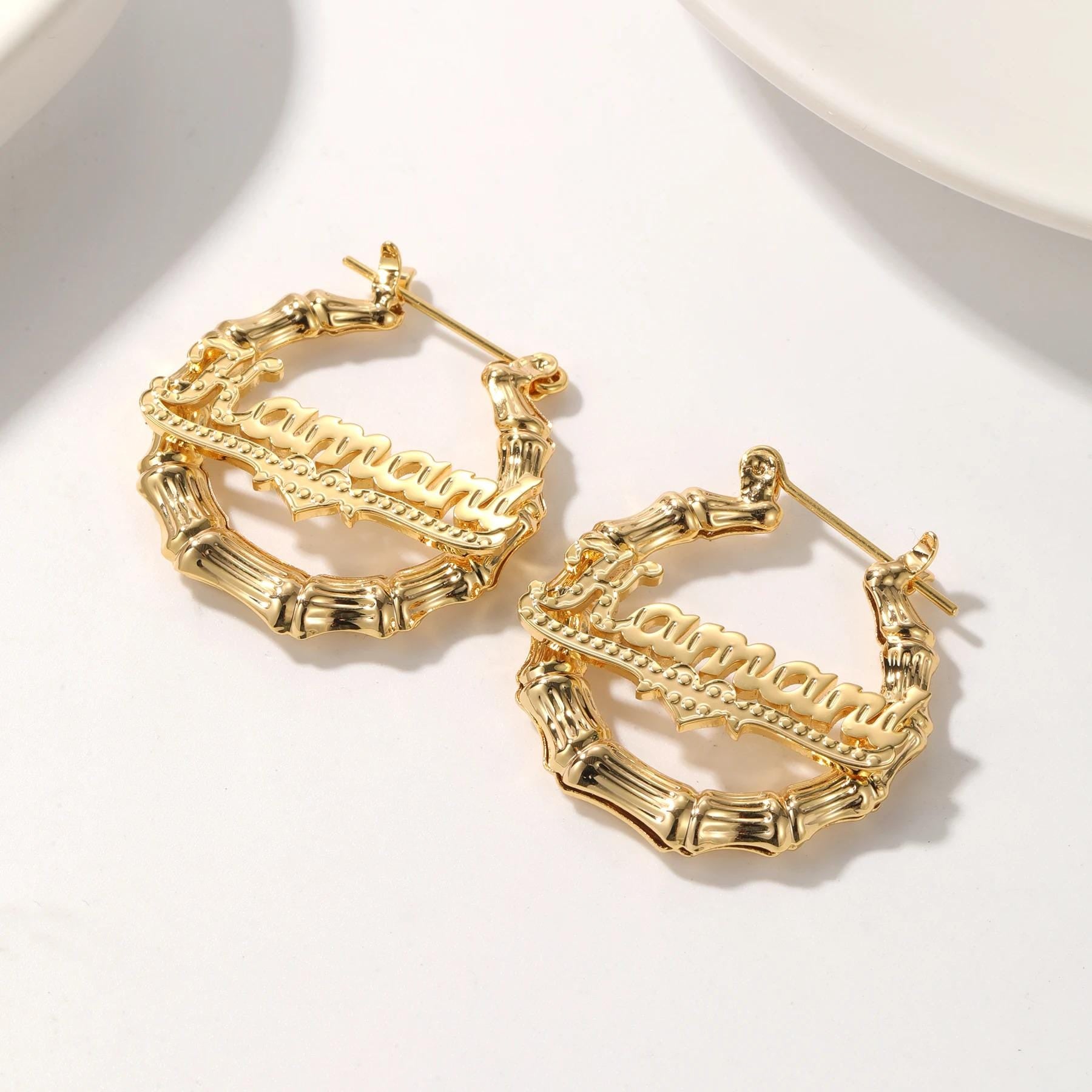 Custom Name Necklace & Bamboo Hoop Earrings Set: Personalized Waterproof Jewelry