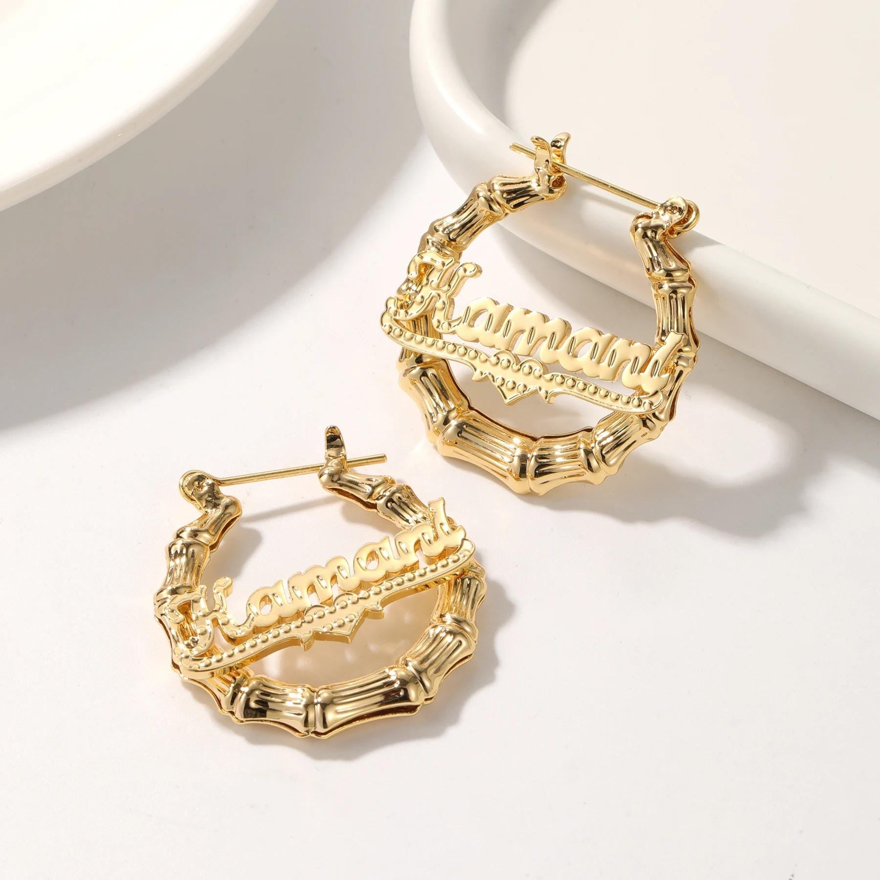 Custom Name Necklace & Bamboo Hoop Earrings Set: Personalized Waterproof Jewelry