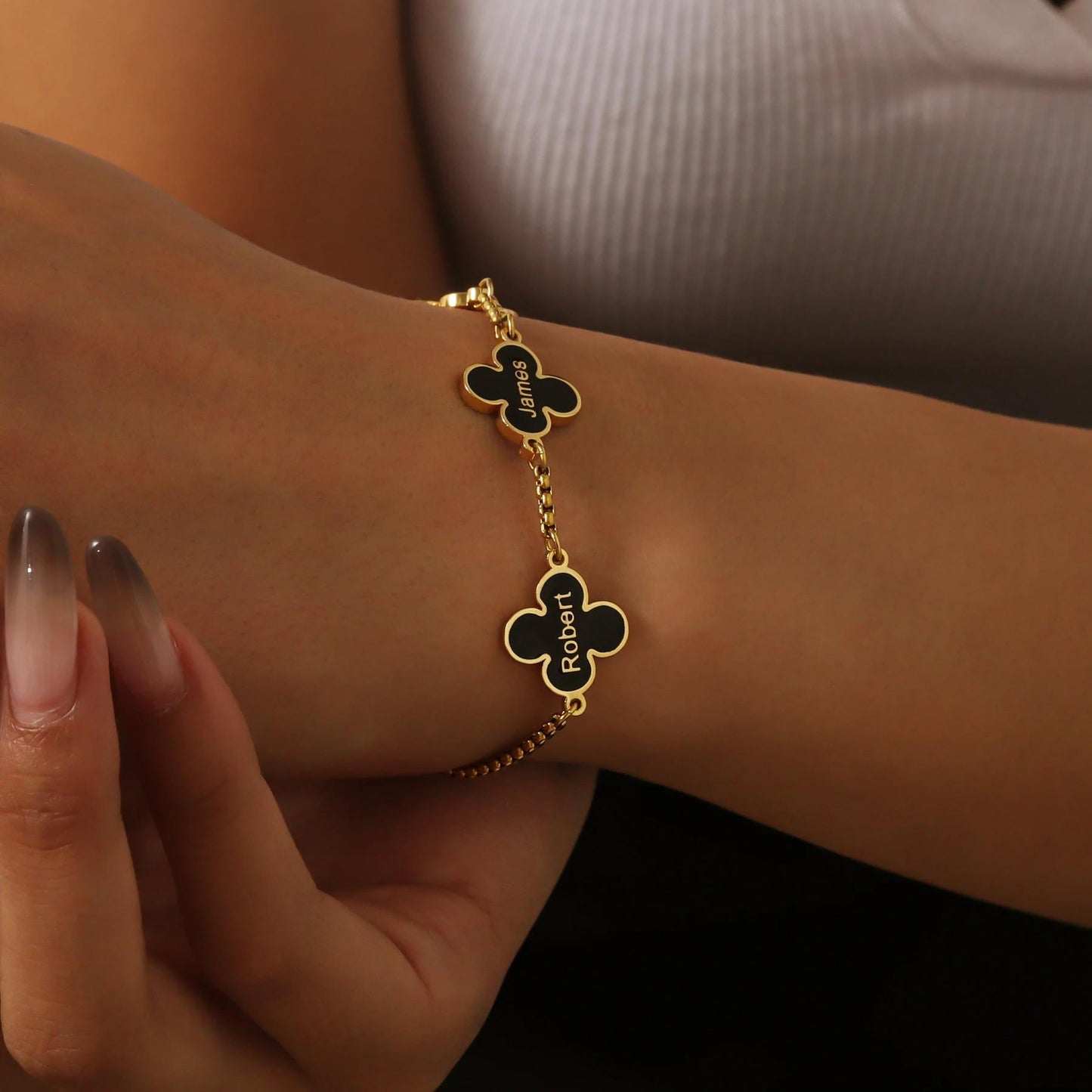 Custom Clover Bracelet: Engraved Black Clover Charm, 18K Gold Plated Stainless Steel
