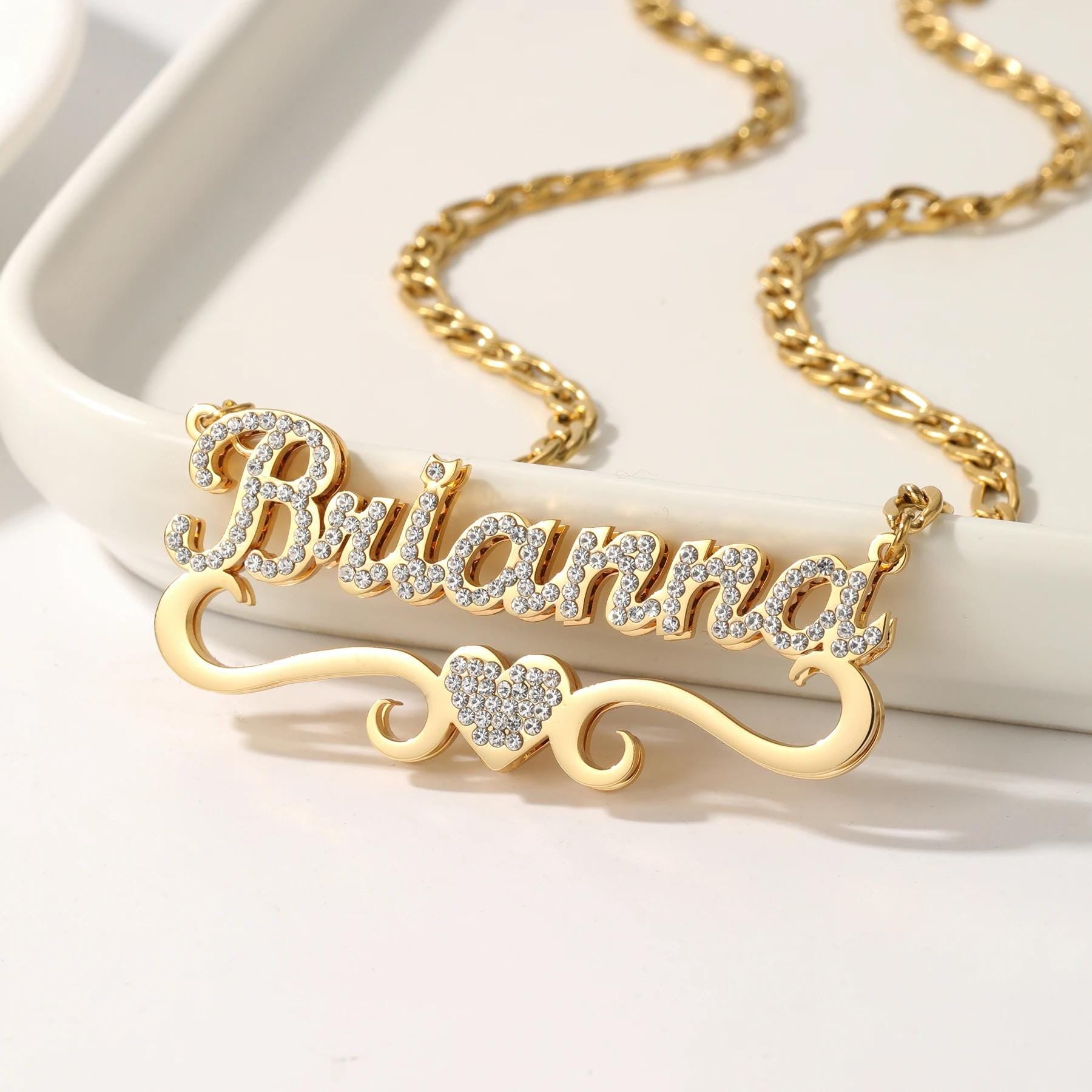 Custom CZ Name Necklace: Double Plated Gold Figaro Chain