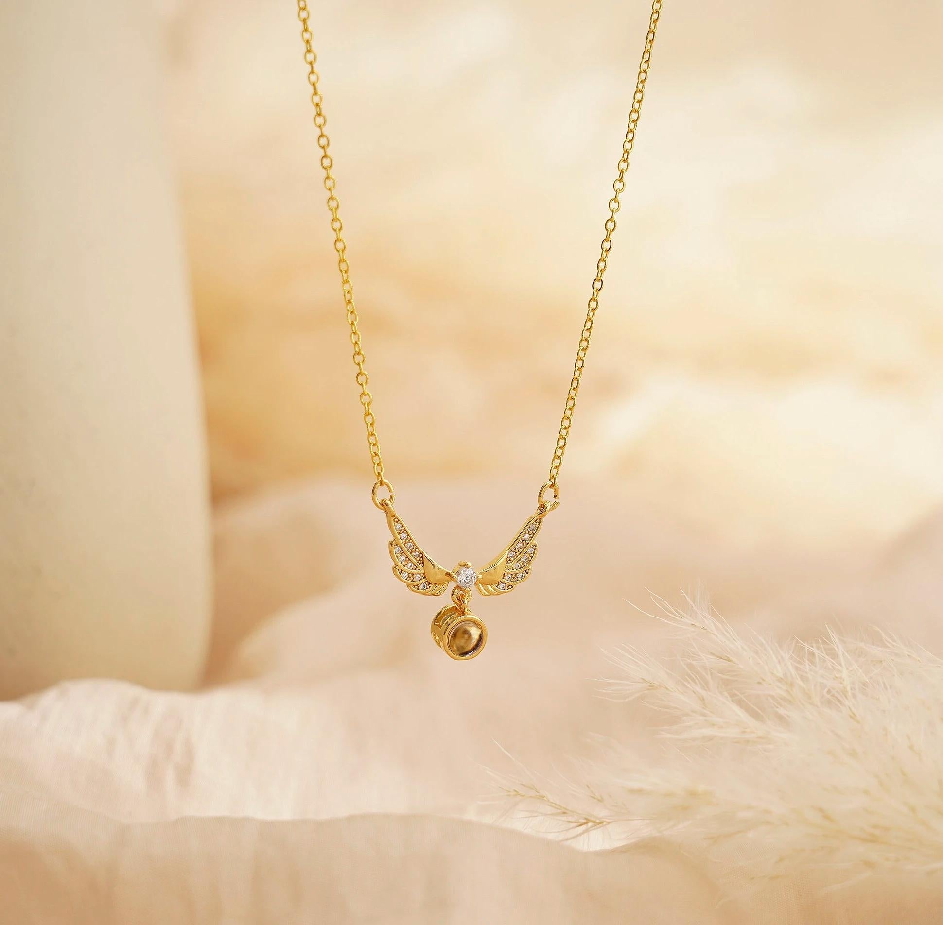 Angel Wing Photo Projection Necklace: Sterling Silver Memorial Locket
