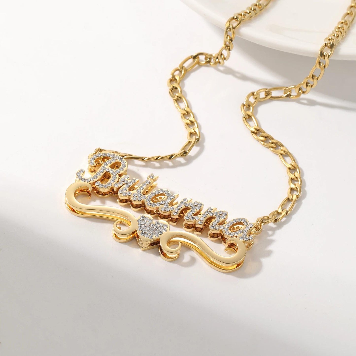 Custom CZ Name Necklace: Double Plated Gold Figaro Chain