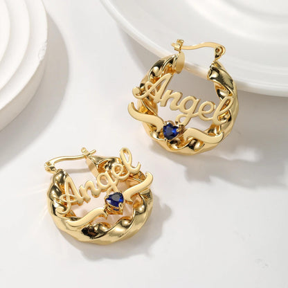 Custom Name Hoop Earrings: Gold Twisted Birthstone Hoops