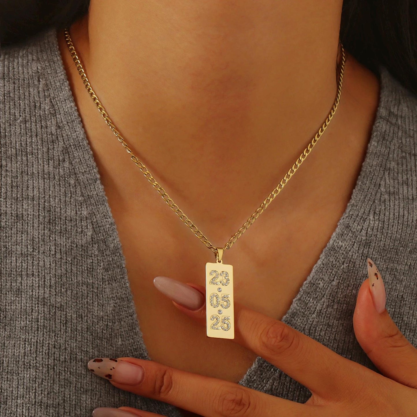 Custom Date Necklace: Stainless Steel Vertical Bar with Cubic Zirconia
