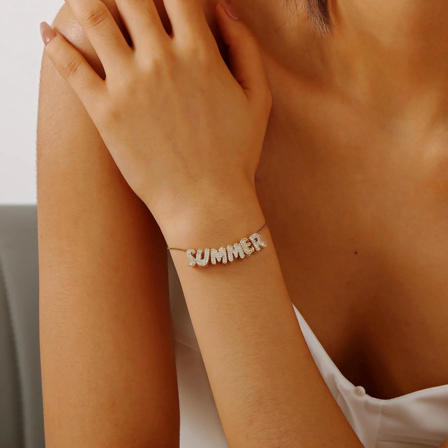 Custom Bubble Letter Bracelet: 18K Gold Plated Cubic Zirconia Name Charm