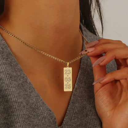 Custom Date Necklace: Stainless Steel Vertical Bar with Cubic Zirconia