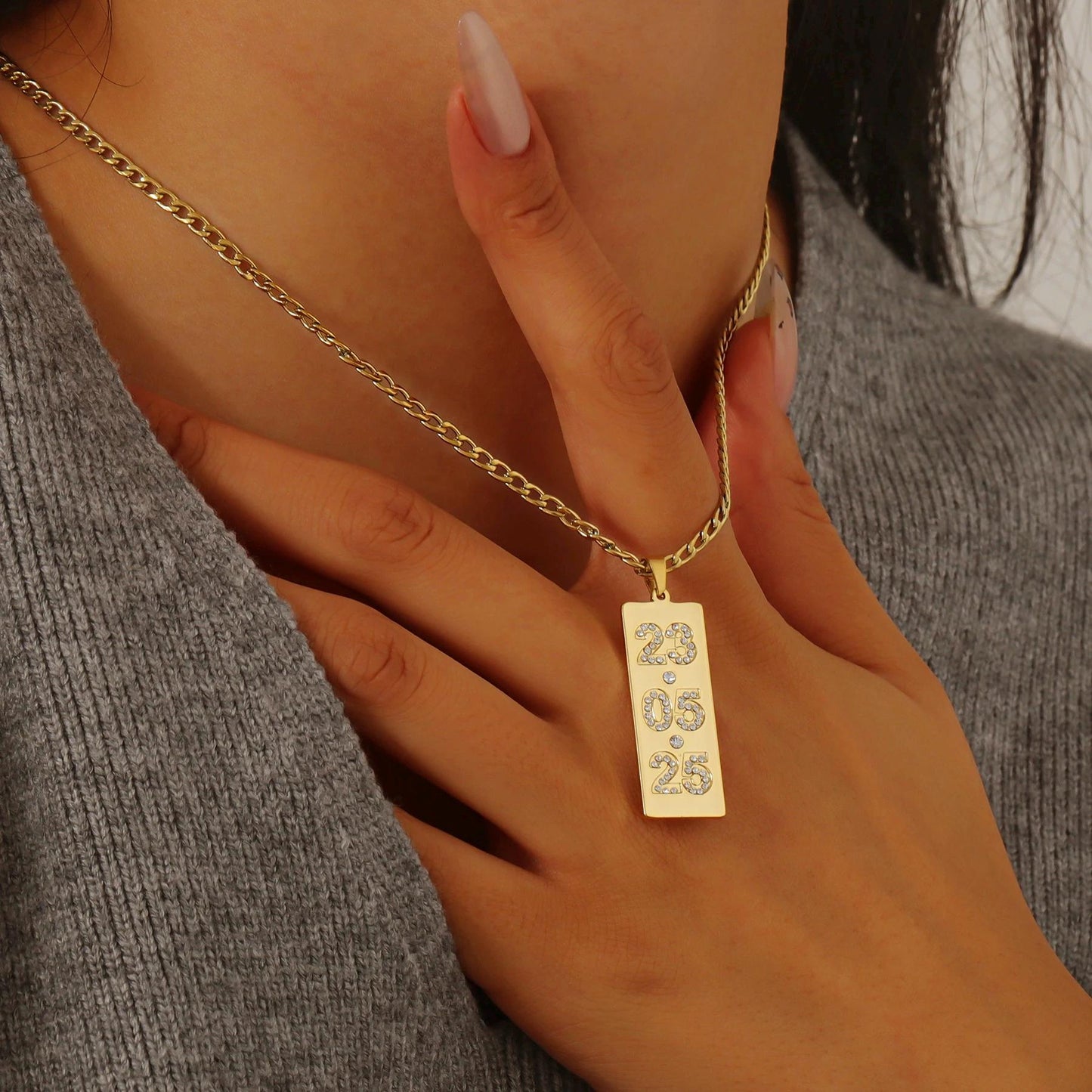 Custom Date Necklace: Stainless Steel Vertical Bar with Cubic Zirconia