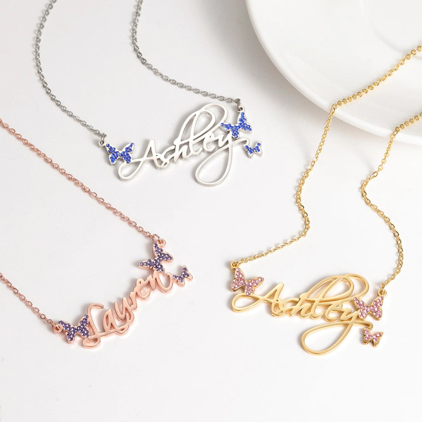Butterfly Name Necklace: Personalized Birthstone Pendant, Waterproof Stainless Steel