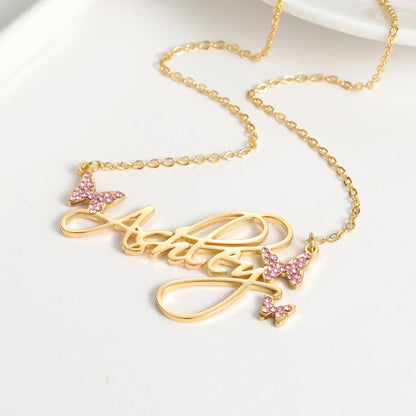 Butterfly Name Necklace: Personalized Birthstone Pendant, Waterproof Stainless Steel