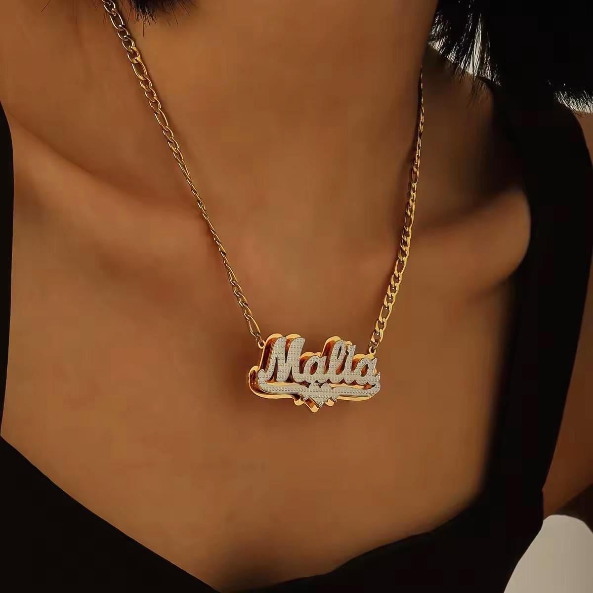 Custom Diamond Cut Name Necklace: Figaro Chain, Waterproof Jewelry