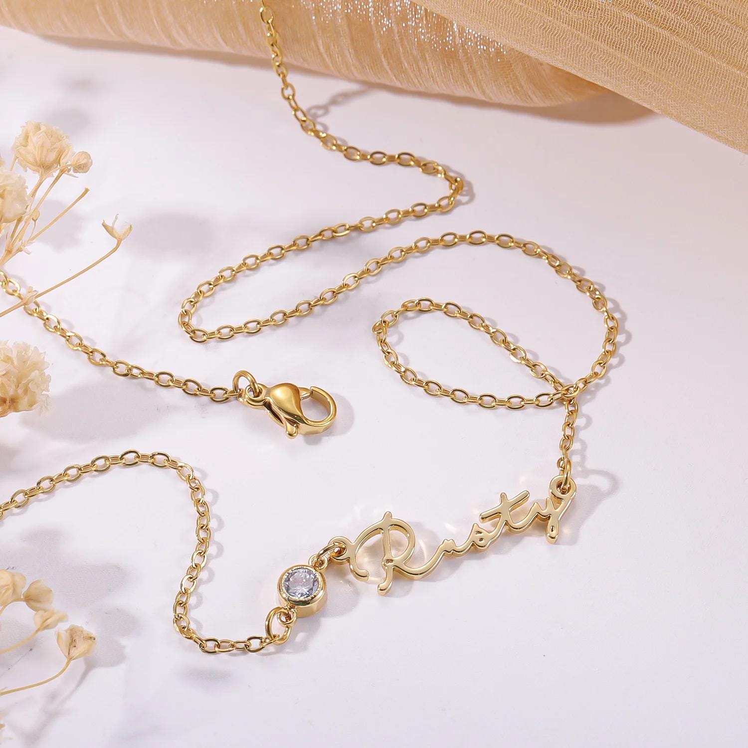 Personalized Birthstone Name Necklace: 18K Gold Waterproof Jewelry