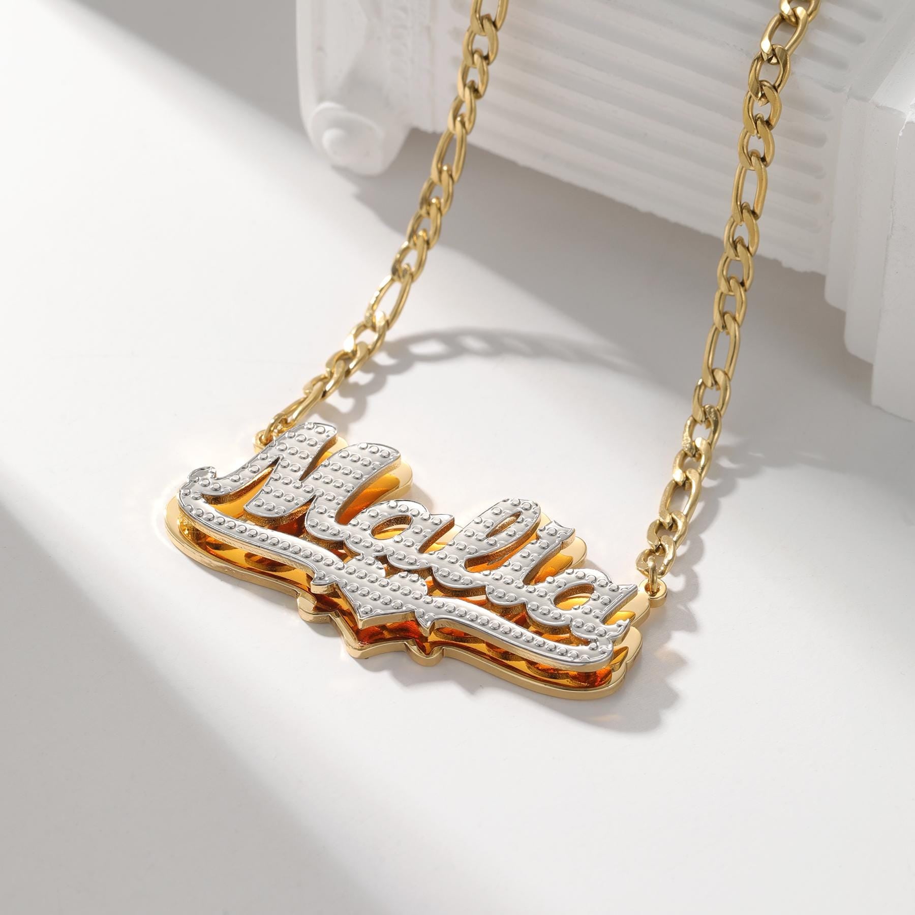 Custom Diamond Cut Name Necklace: Figaro Chain, Waterproof Jewelry