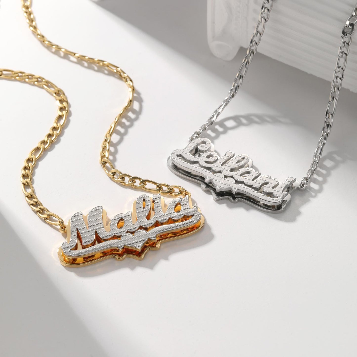 Custom Diamond Cut Name Necklace: Figaro Chain, Waterproof Jewelry