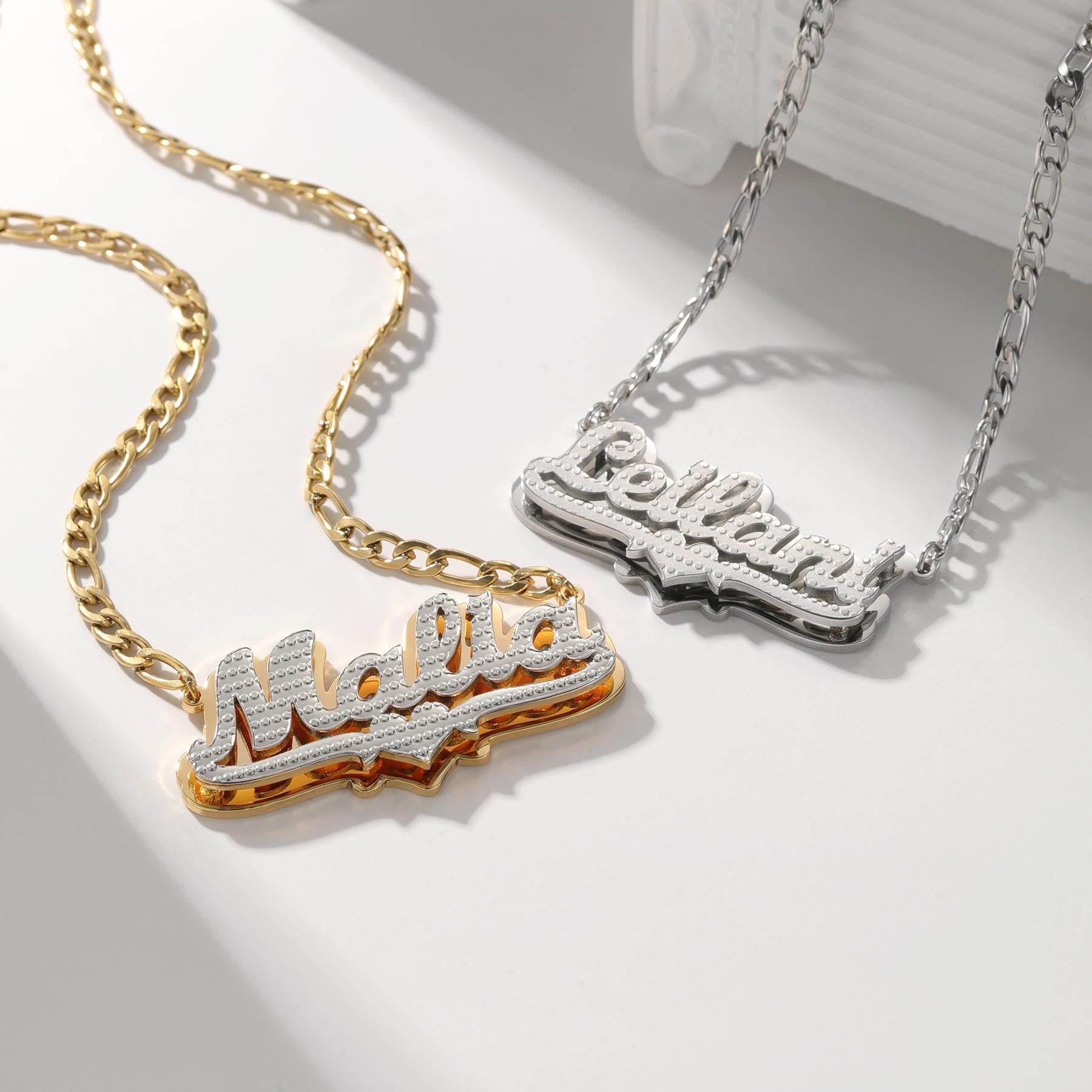 Custom Diamond Cut Name Necklace: Figaro Chain, Waterproof Jewelry
