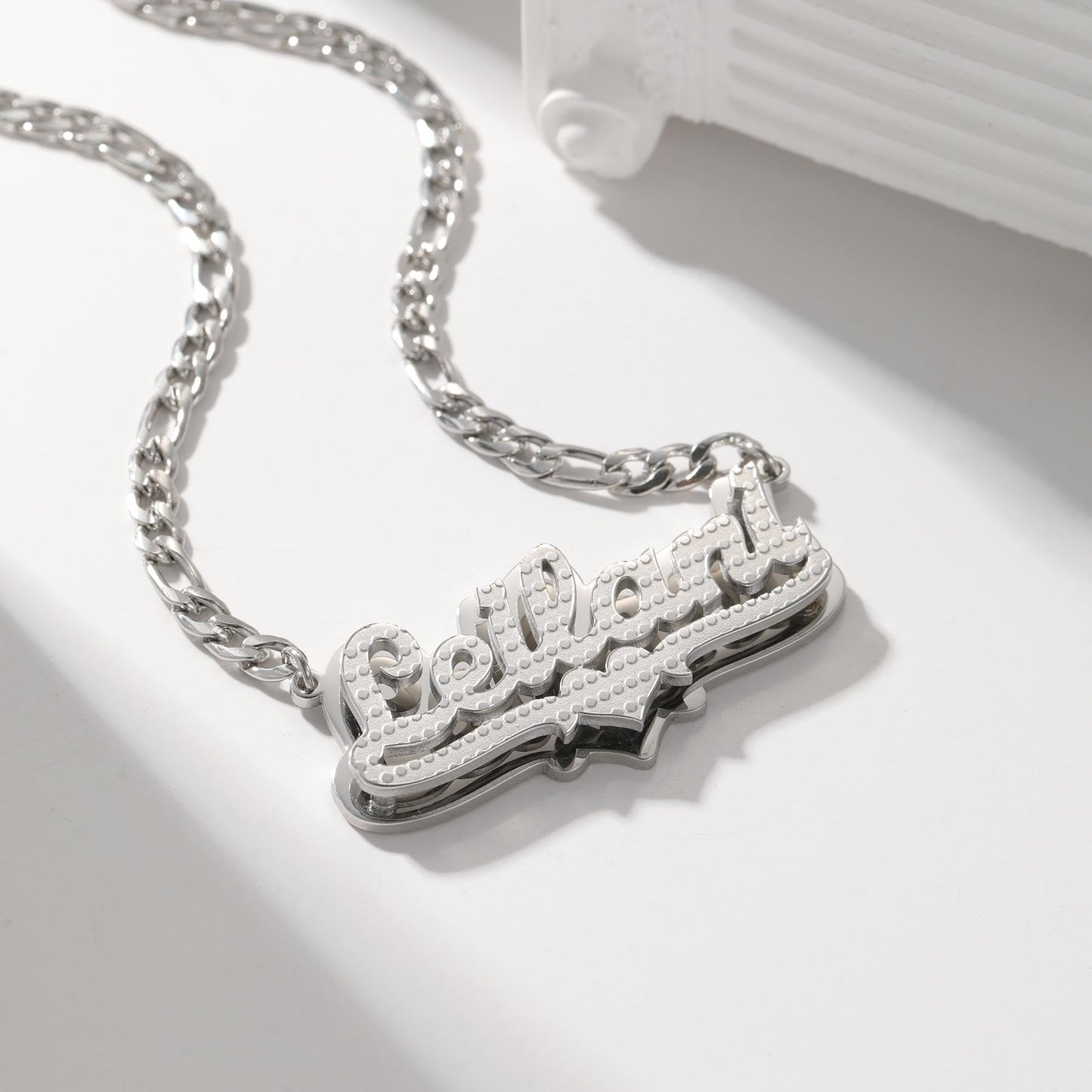 Custom Diamond Cut Name Necklace: Figaro Chain, Waterproof Jewelry