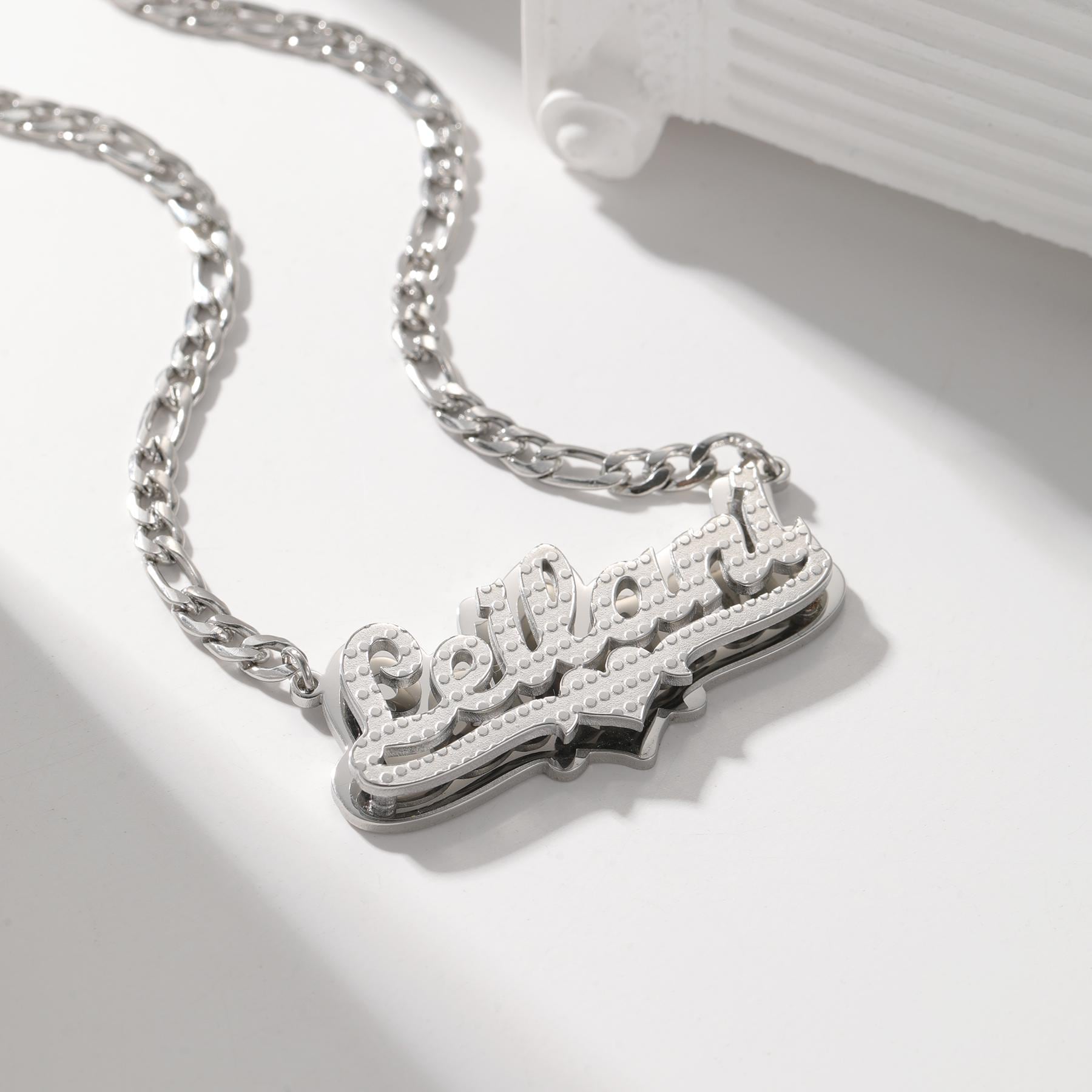 Custom Diamond Cut Name Necklace: Figaro Chain, Waterproof Jewelry