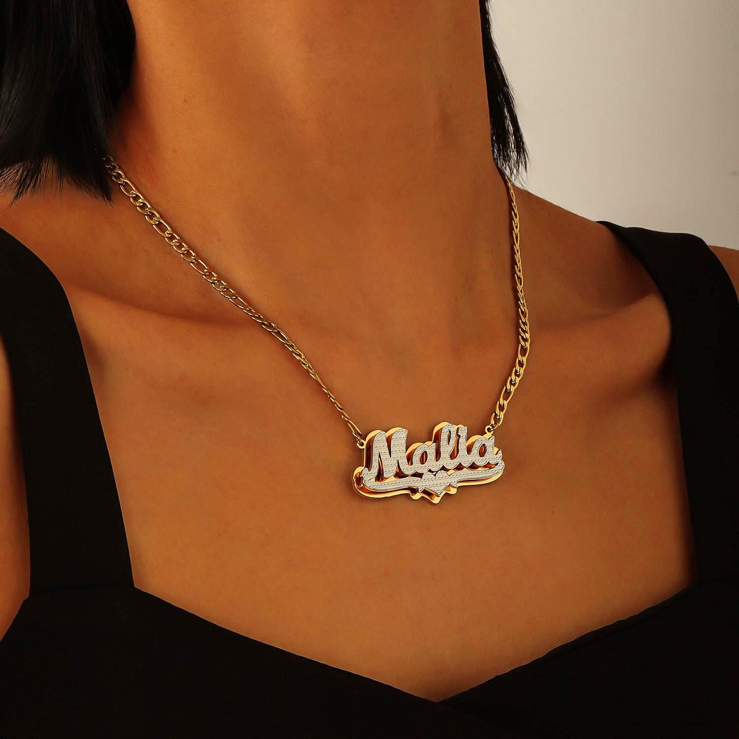 Custom Diamond Cut Name Necklace: Figaro Chain, Waterproof Jewelry