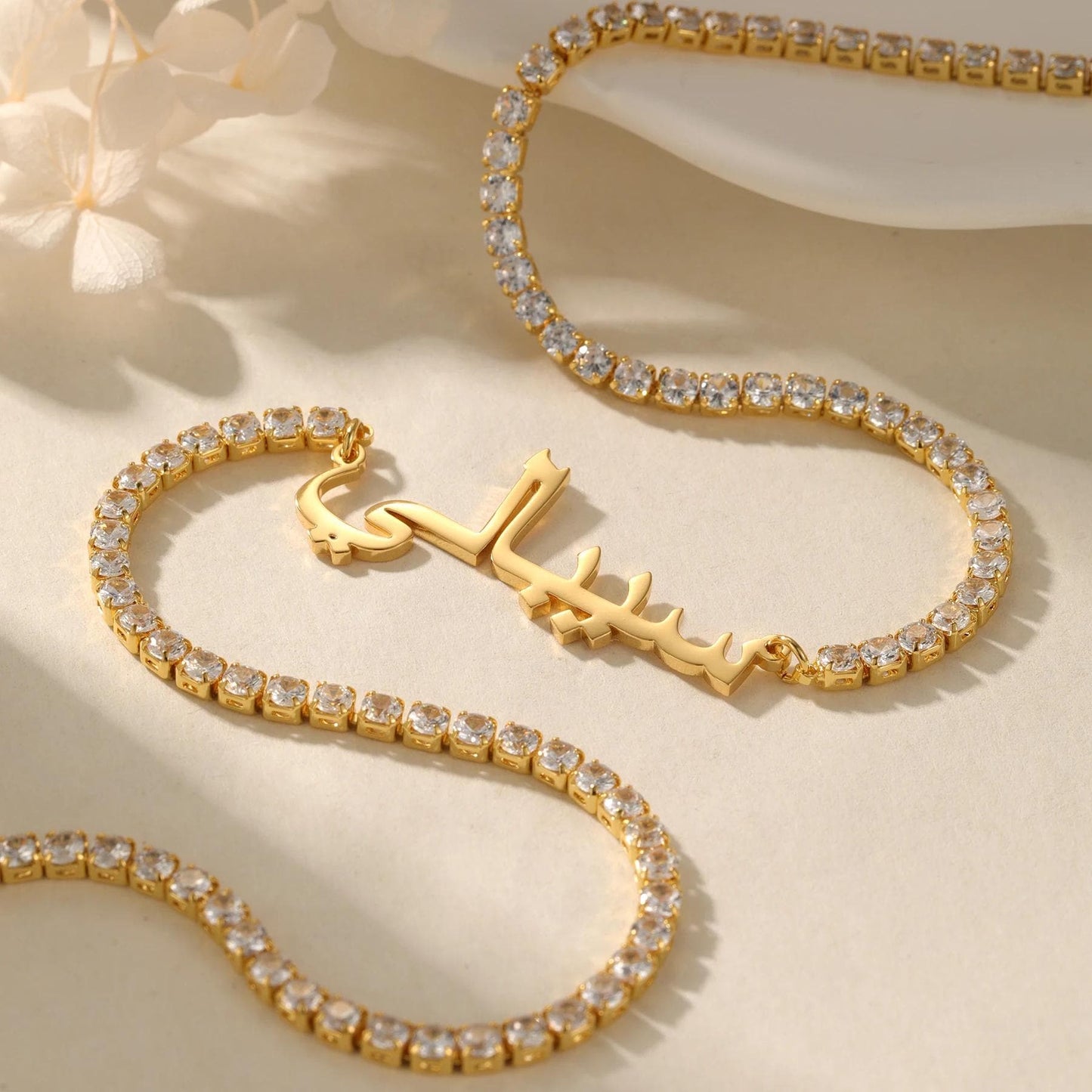 Arabic Name Necklace: AAA Cubic Zirconia Tennis Chain, Waterproof and Hypoallergenic