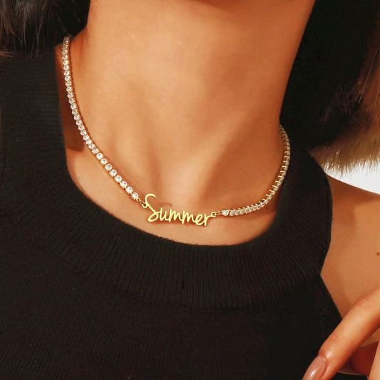Personalized Tennis Chain Name Necklace: 18K Gold Plated, Waterproof