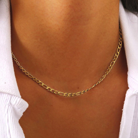 18K Gold Figaro Chain Necklace: Waterproof Stainless Steel Minimalist Jewelry