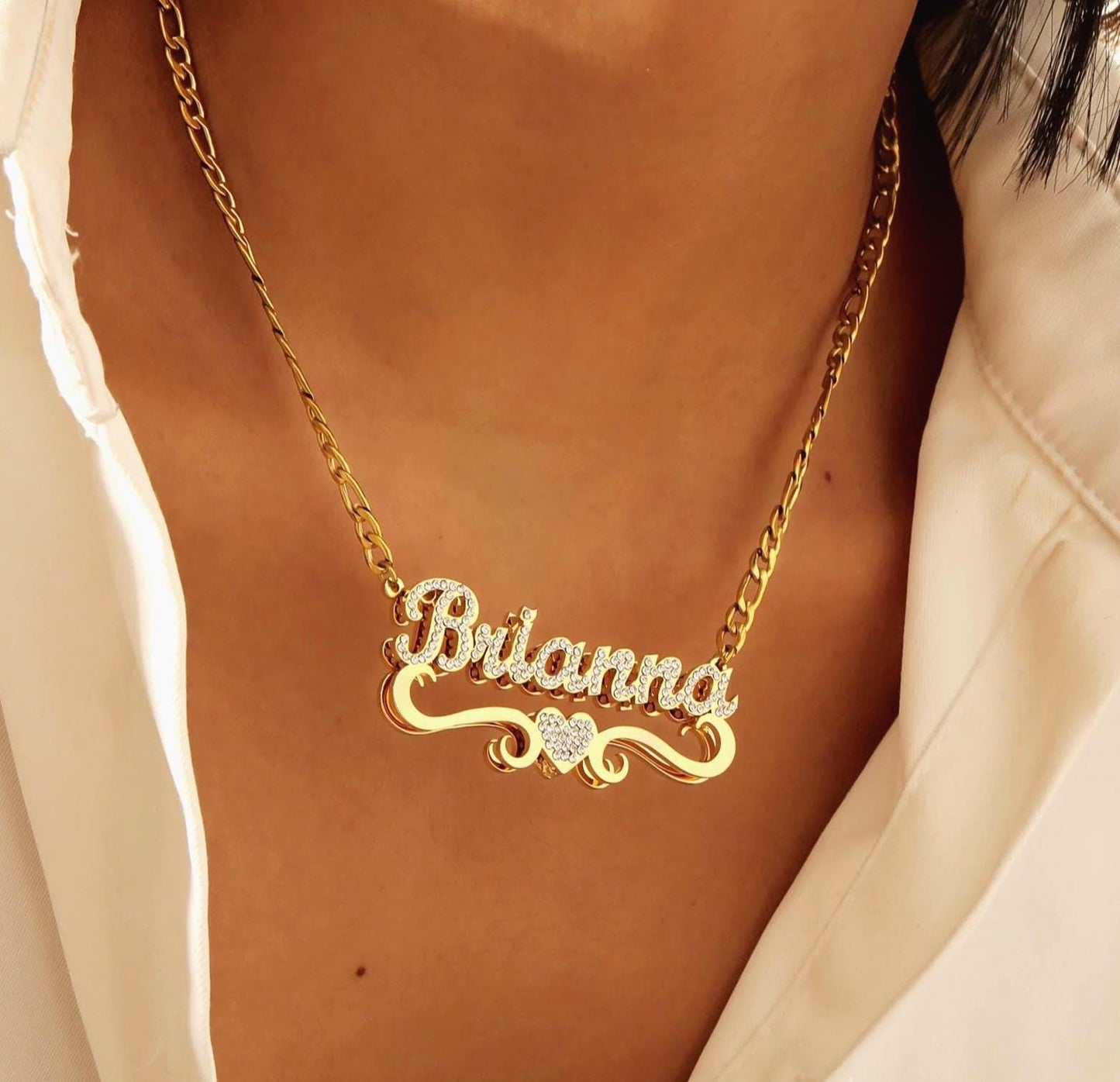 Custom CZ Name Necklace: Double Plated Gold Figaro Chain