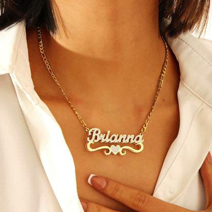 Custom CZ Name Necklace: Double Plated Gold Figaro Chain