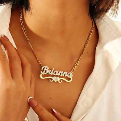 Custom CZ Name Necklace: Double Plated Gold Figaro Chain