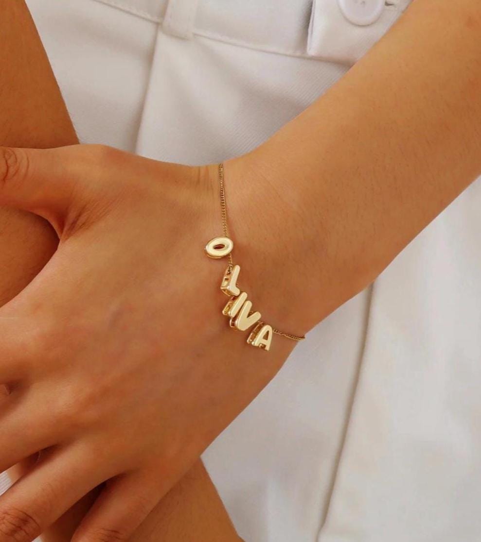 Personalized Name Bracelet: Bubble Letter Jewelry, Tarnish Free Stainless Steel
