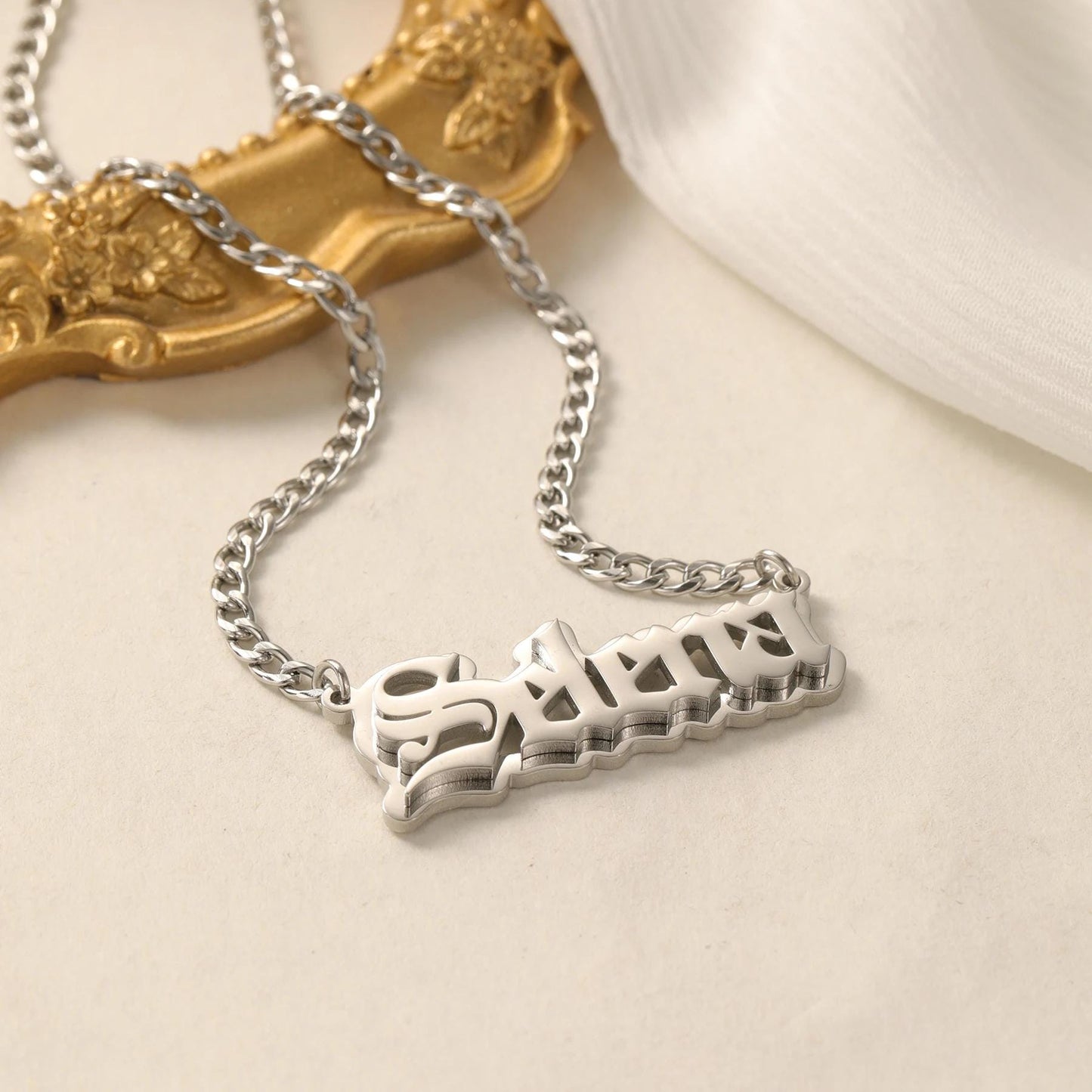 Custom Old English Name Necklace: Double Plated Cuban Link Pendant