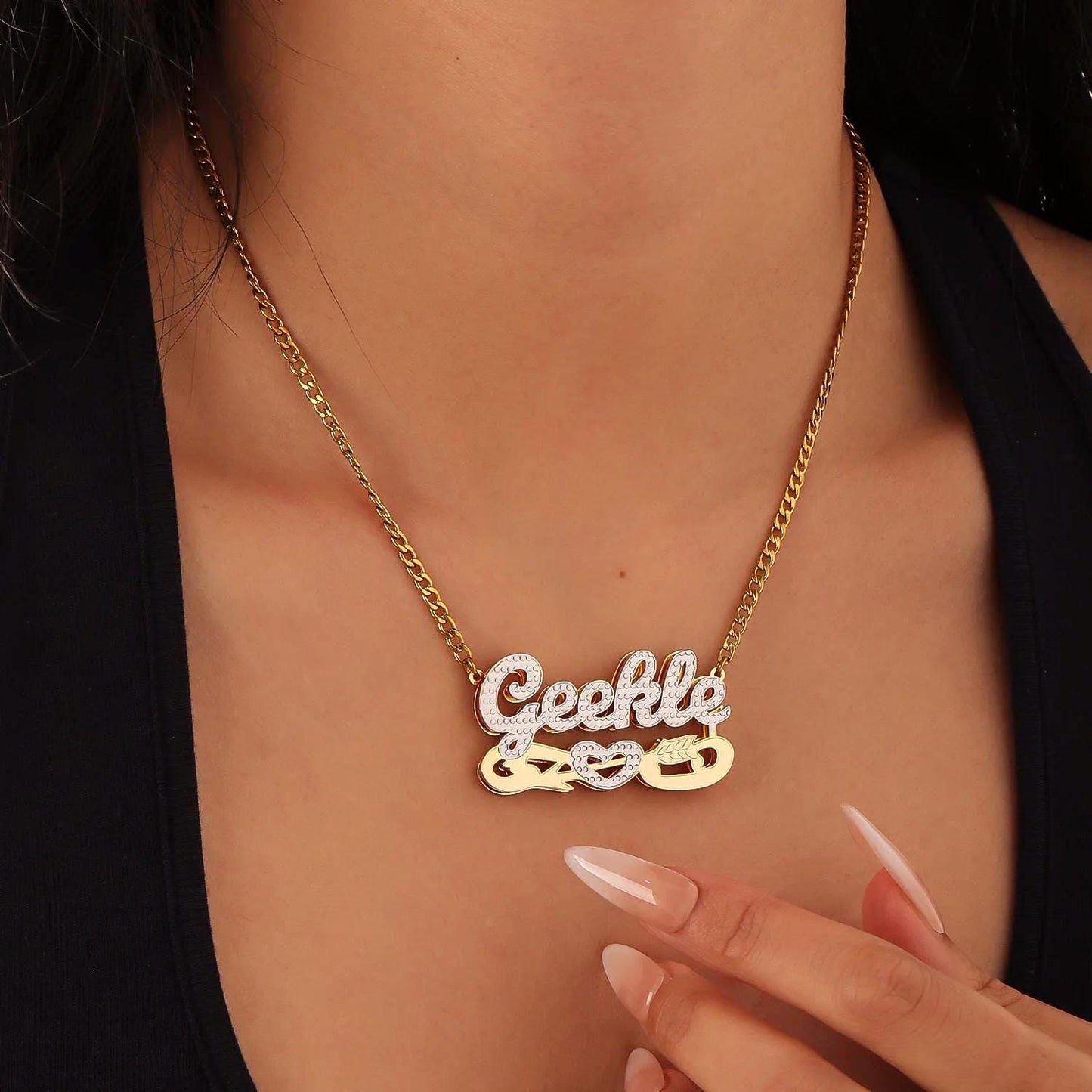 Two-Tone Cupid Name Necklace: Double Plated Figaro Chain, Custom Jewelry