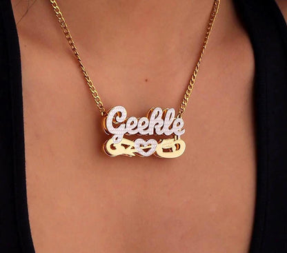 Two-Tone Cupid Name Necklace: Double Plated Figaro Chain, Custom Jewelry
