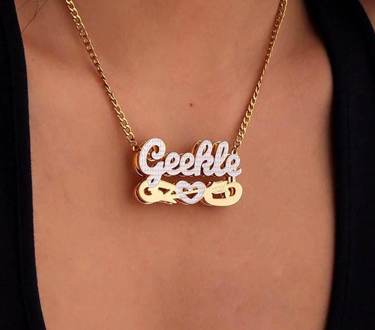 Two-Tone Cupid Name Necklace: Double Plated Figaro Chain, Custom Jewelry