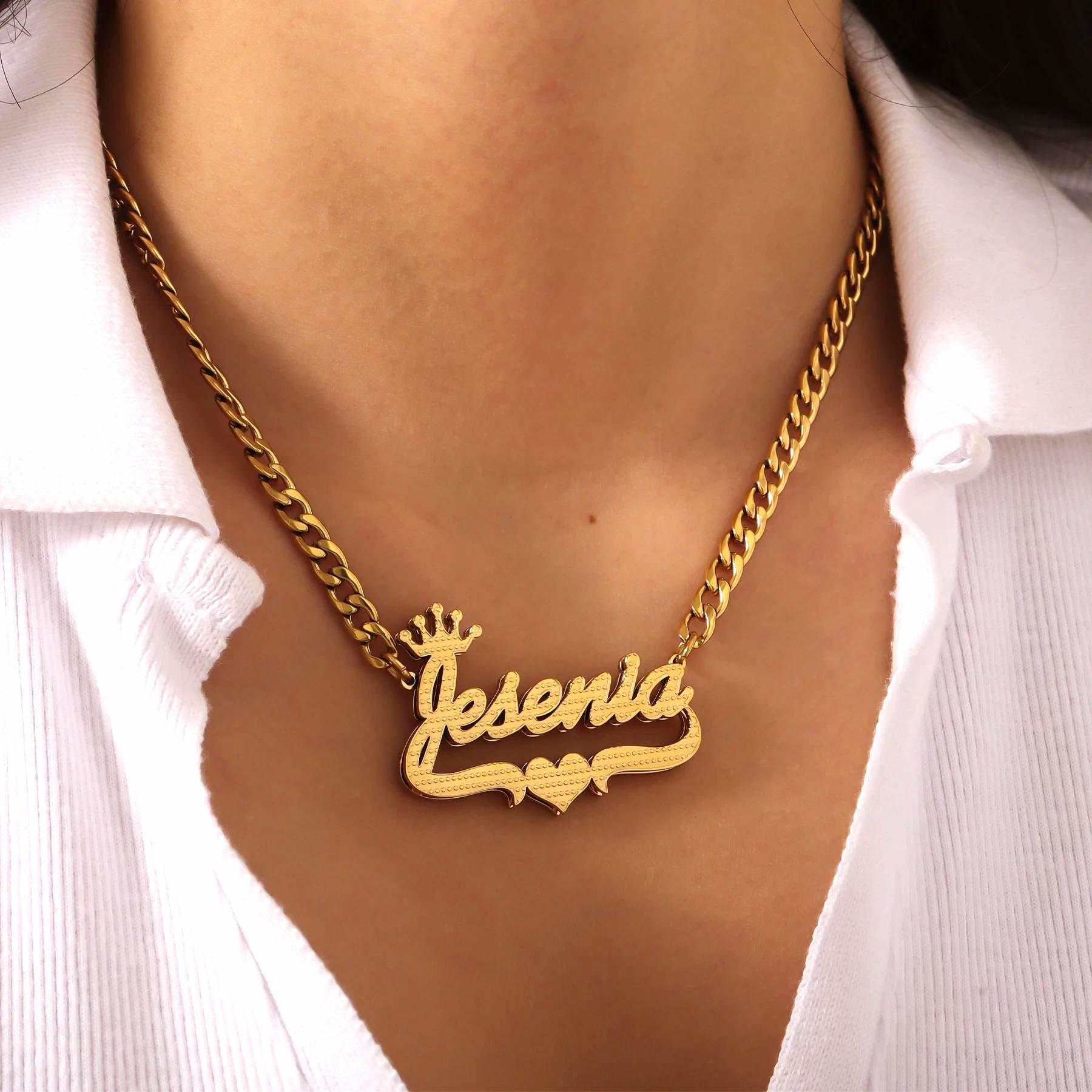 Custom Double Plated Name Necklace: Crown & Heart Cuban Link