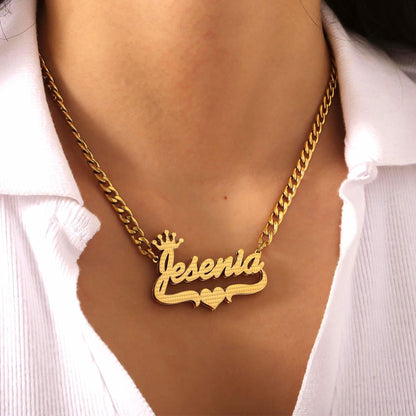 Custom Double Plated Name Necklace: Crown & Heart Cuban Link