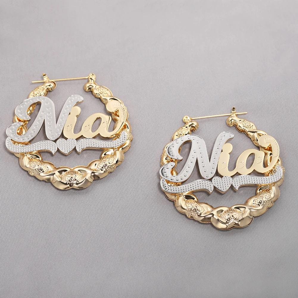 Custom Name Bamboo Hoop Earrings: 18K Gold Plated XOXO