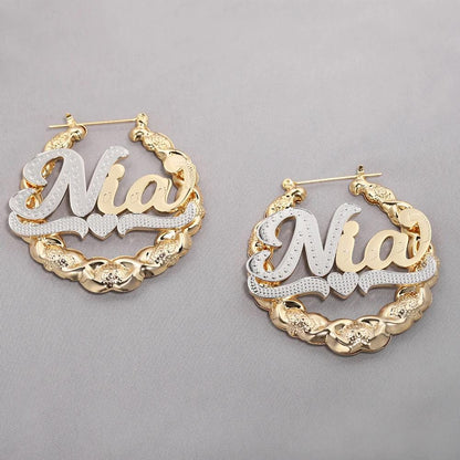 Custom Name Bamboo Hoop Earrings: 18K Gold Plated XOXO