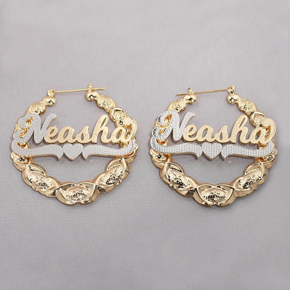 Custom Name Bamboo Hoop Earrings: 18K Gold Plated XOXO