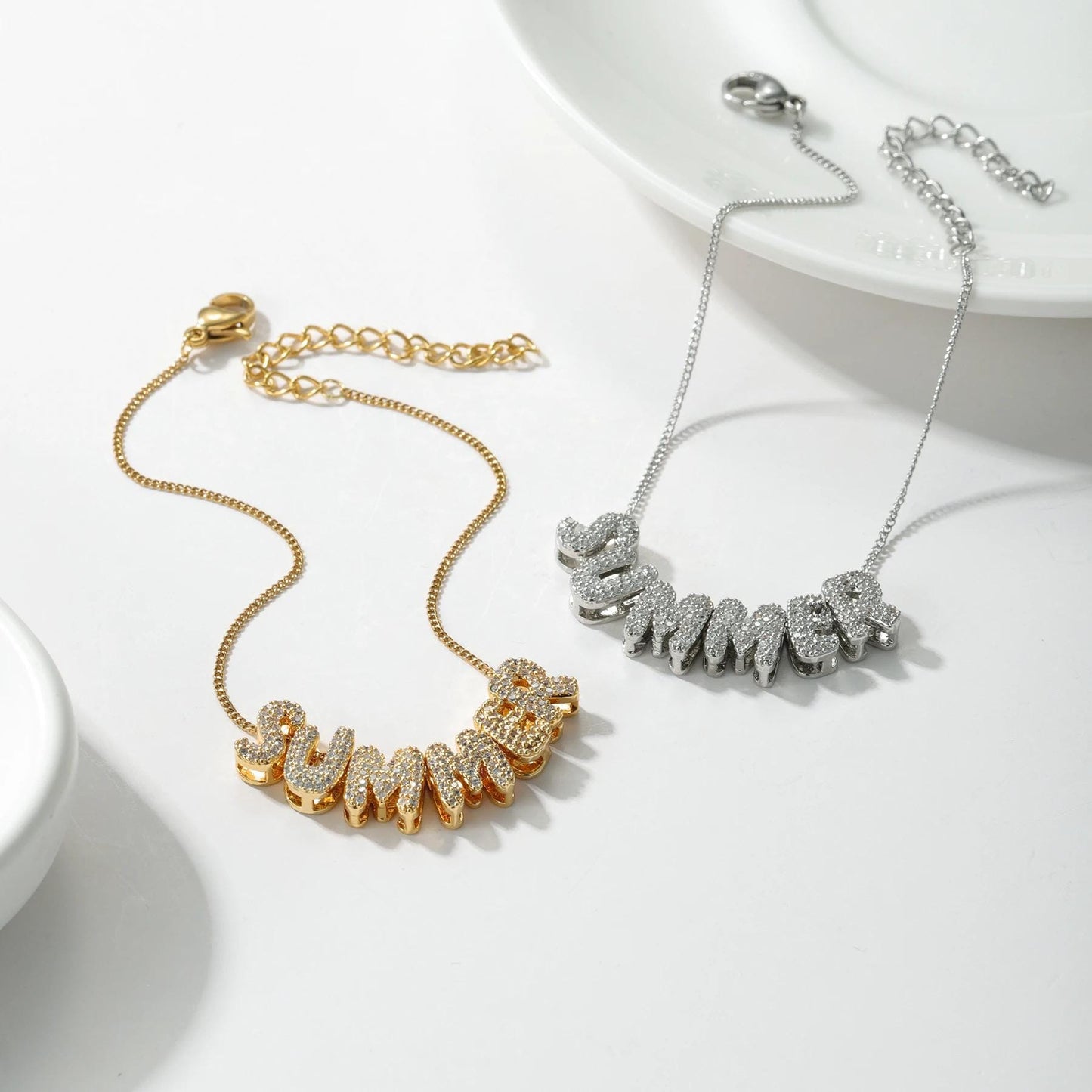 Custom Bubble Letter Name Bracelet: Gold Plated Cubic Zirconia Charm