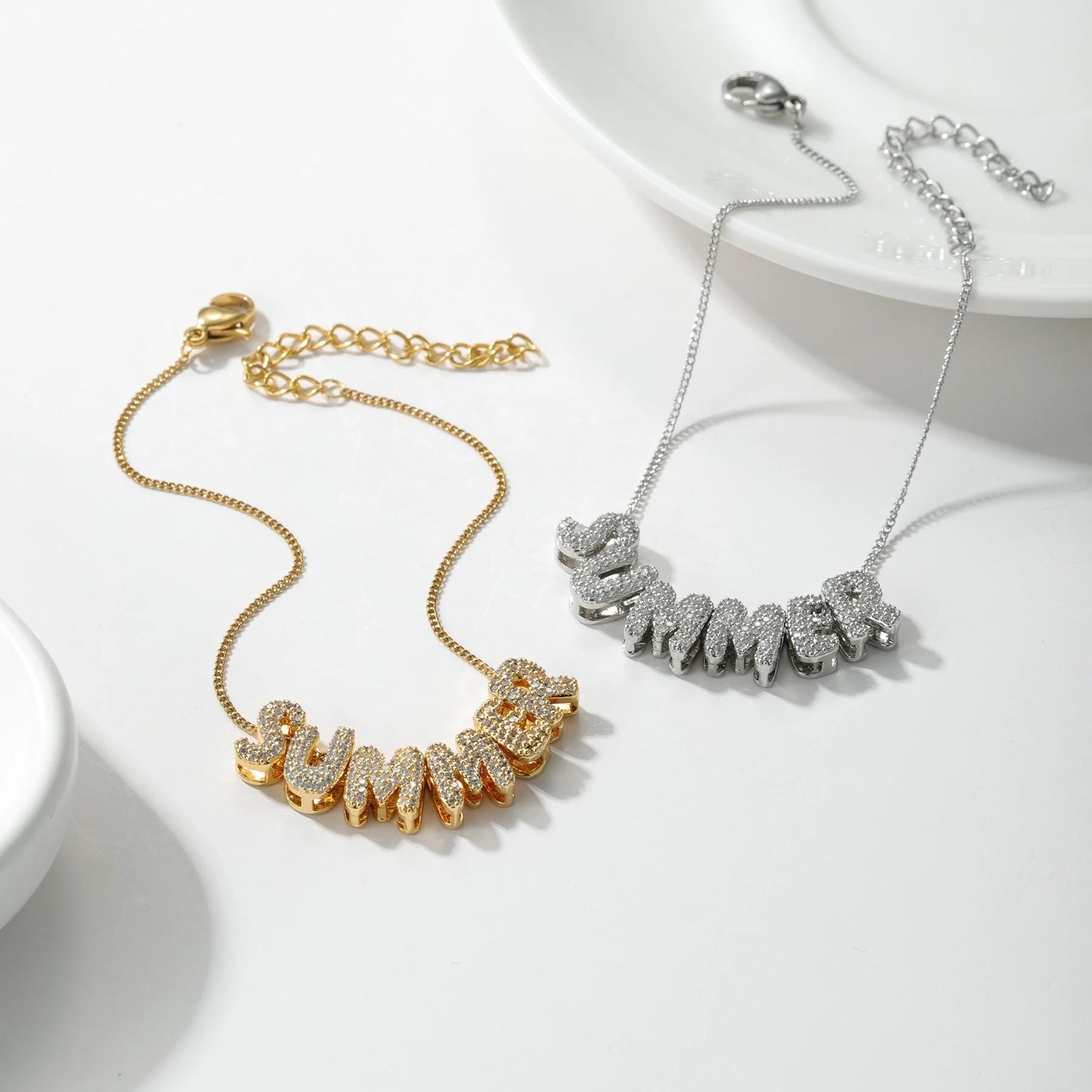 Custom Bubble Letter Name Bracelet: Gold Plated Cubic Zirconia Charm