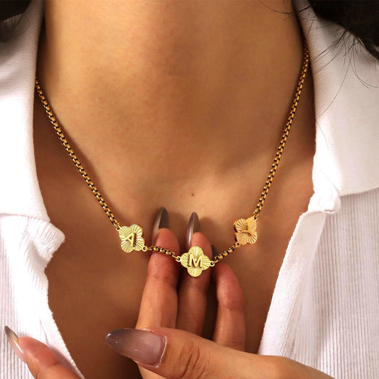 Engraved Clover Initial Necklace: Waterproof Personalized Charm