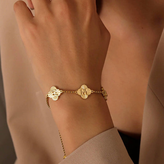 Engraved Clover Initial Bracelet: Waterproof Stainless Steel, Adjustable