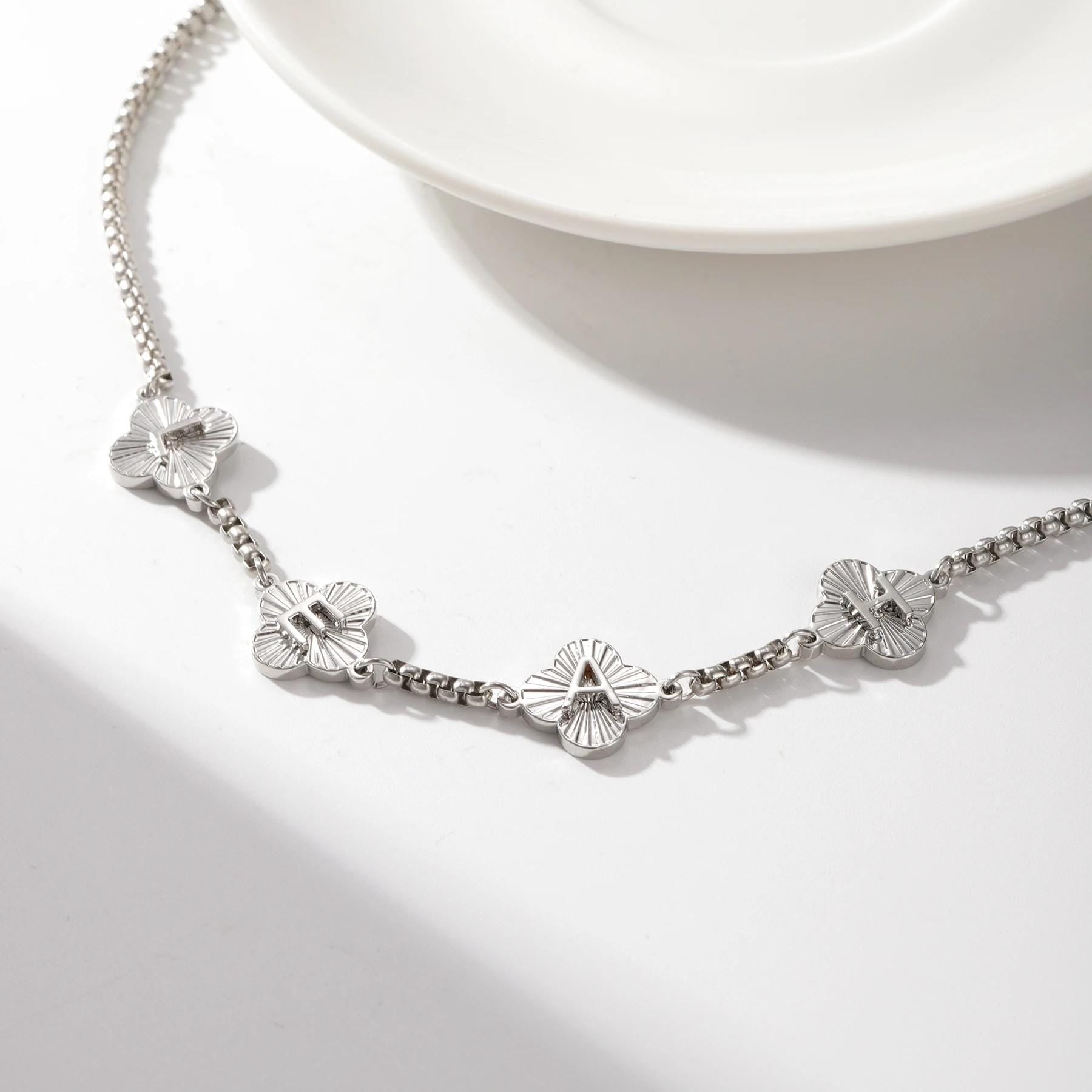 Engraved Clover Initial Bracelet: Waterproof Stainless Steel, Adjustable